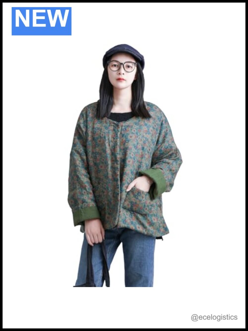 Quilted Cotton Ramie Floral Print Cropped Jacket with Button-Front for Women
